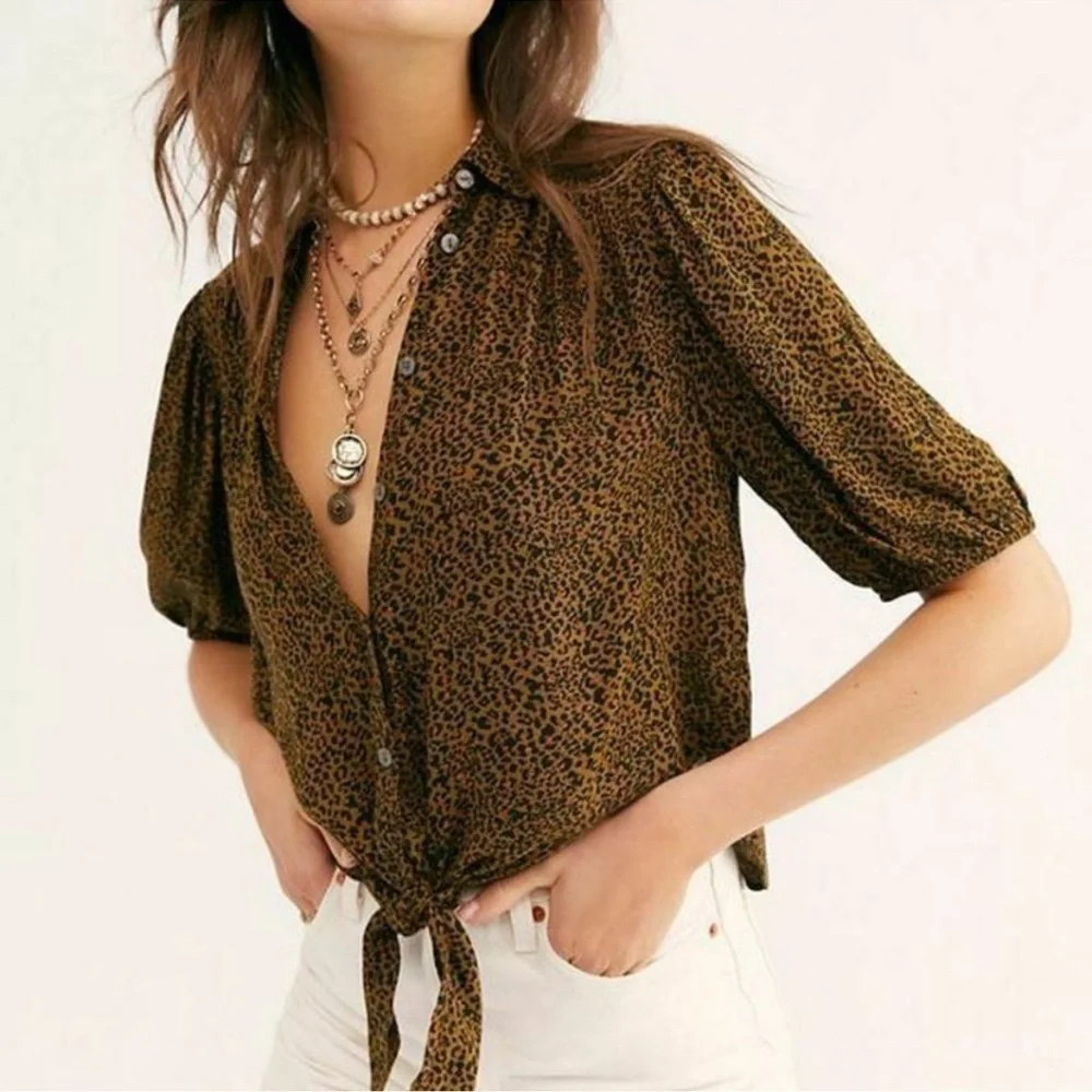 Free People Celia Top Leopard Print High Low Button‎ Front Size Medium